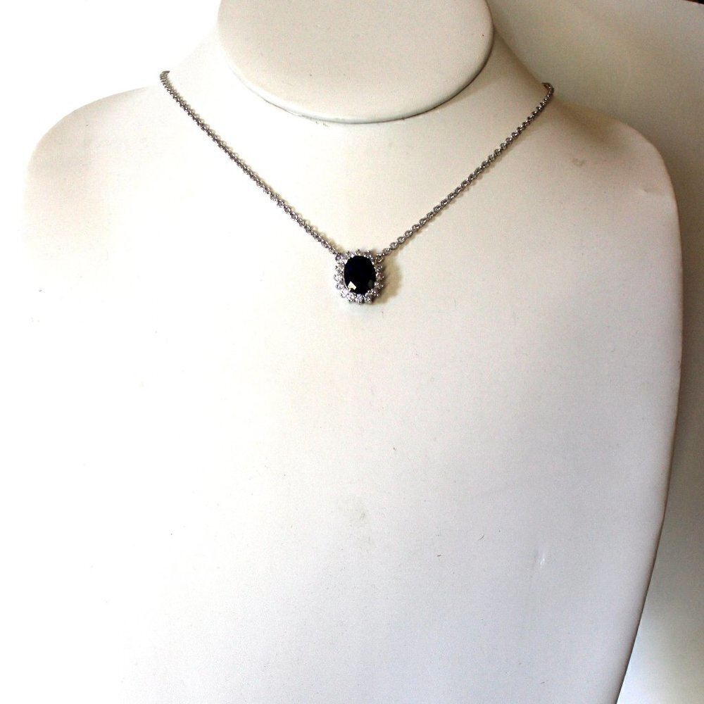 Princess Checker Cut Oval Sapphire Blue Cubic Zirconia White Gold Plate Necklace